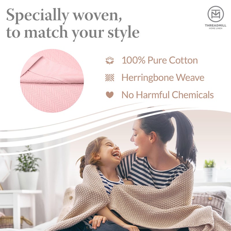 Threadmill Luxury Cotton Blankets for Queen Size Bed | All-Season 100% Cotton Queen Size Blanket | Herringbone Cozy, Soft Breathable Fall Thermal Blanket fits Full Size Bed | English Rose - Image 2